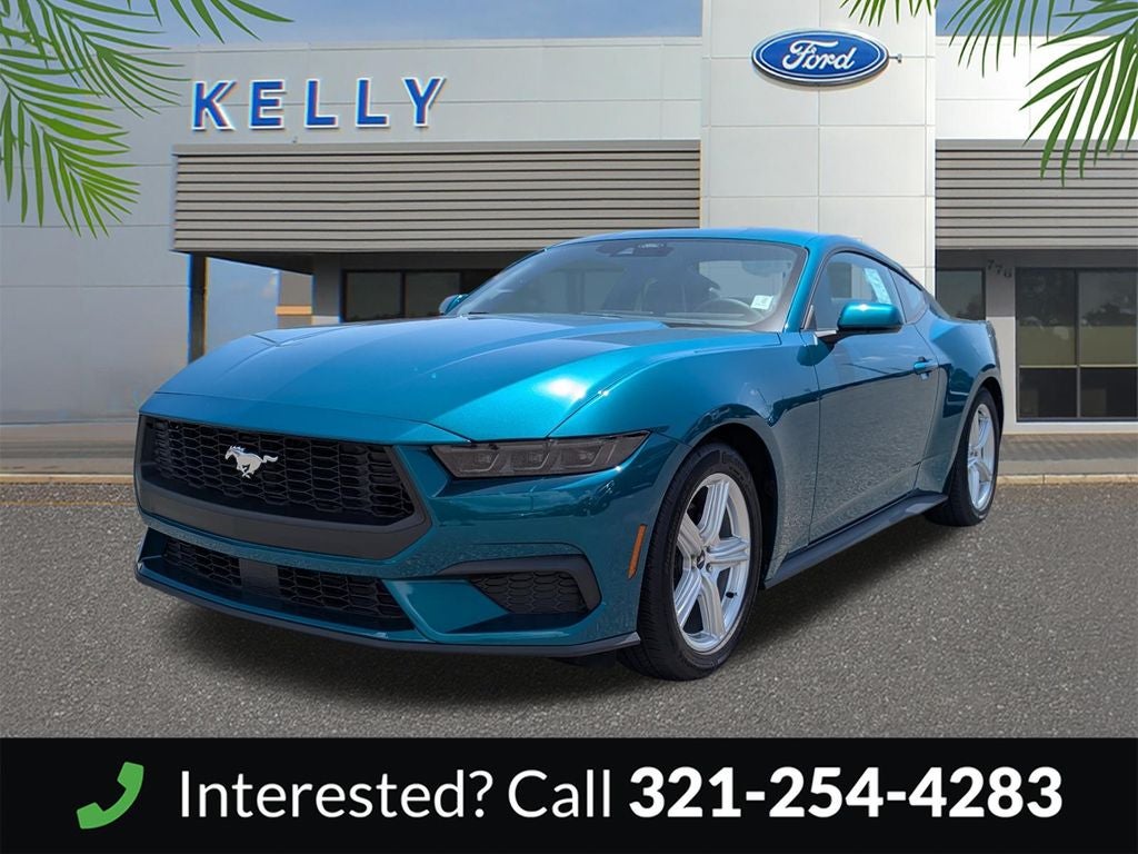 2026 Ford Mustang EcoBoost Premium in Adriatic Blue Metallic — front three-quarter view