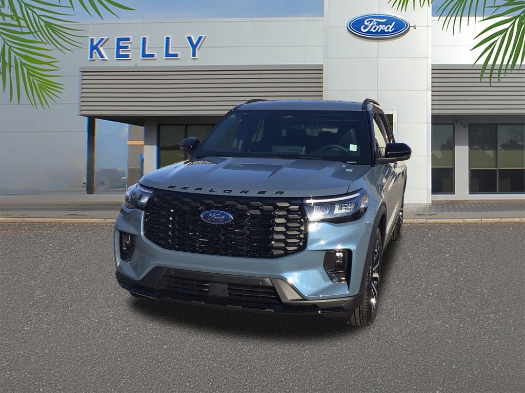 2026 Ford Explorer ST-Line in Vapor Blue Metallic — front three-quarter view