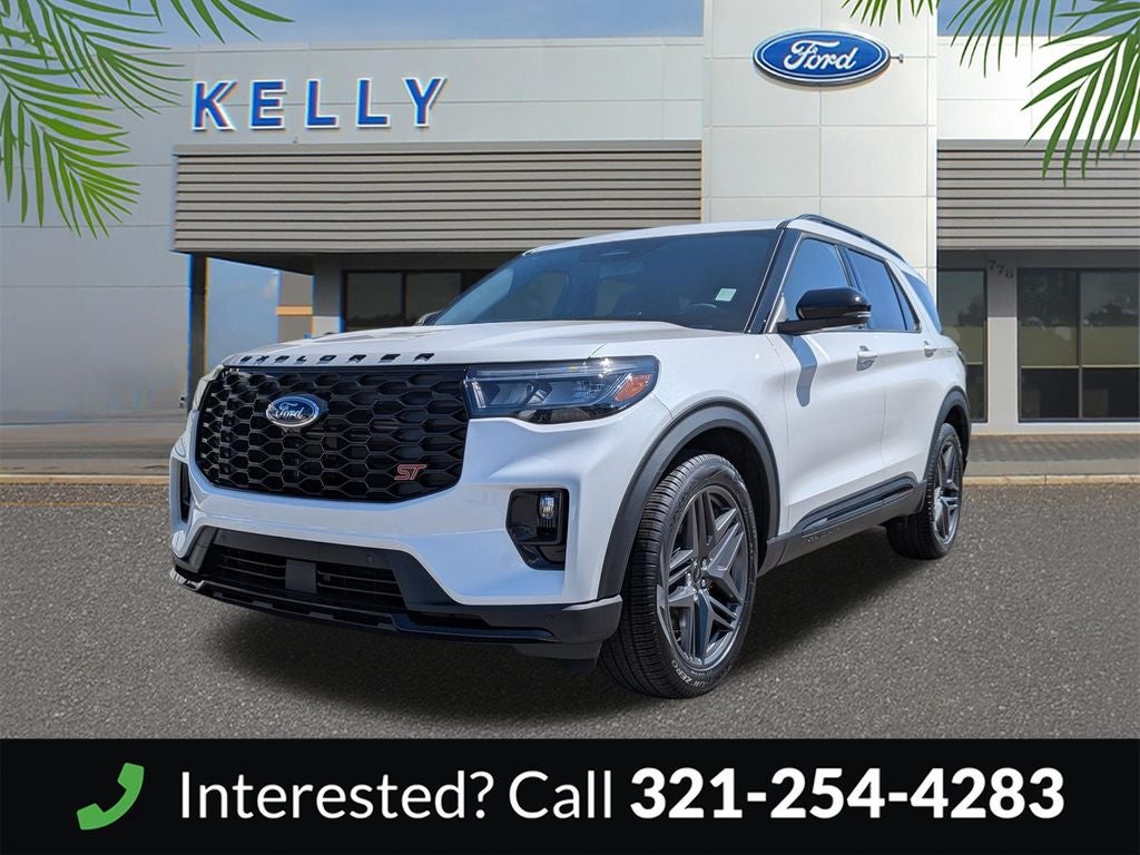 2026 Ford Explorer ST in Star White Metallic Tri-Coat — front three-quarter view